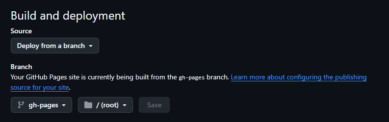 Screenshot of github pages configuration